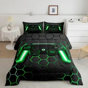 Feelyou Boys' Microfiber Bedding Set - Gaming Comforter with Honeycomb Pattern, Neon Lights Gamepad Design, Breathable Soft Lightweight Blanket, Green Grey, Breathable Soft Blanket, Light Weight Blanket