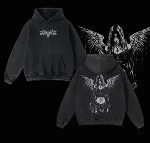 Y2K Gothic Angel Washed Hoodie, Sad Angel Tshirt – Dark Aesthetic Streetwear, 2k Clothing,Menswear Oversized Tops, gym,Clothing,Clothes gothic y2k,Vintage Mens