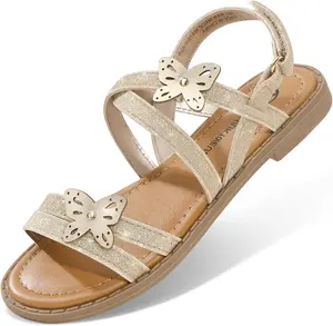 Girls' Open-Toe Flat Polyurethane Sandals, Decorative Glitter Butterfly, Low-Heels, Adjustable Synthetic Summer Dress Shoes for Toddler-Kid