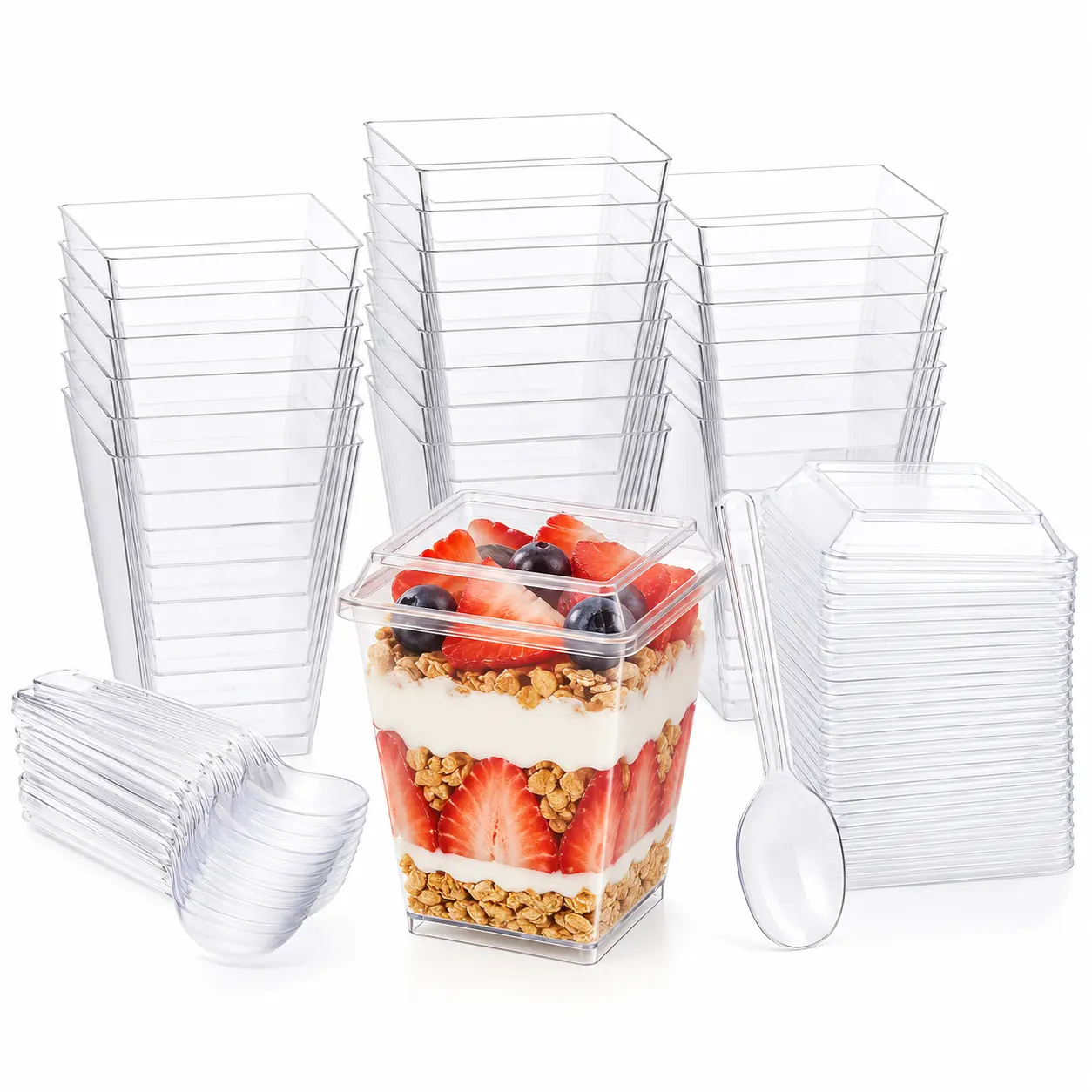 150ml Square Clear Plastic Mini Treat Cups Set of 50 Complete with Lids and Spoons, Multi-purpose to-go containers for ice cream, tiramisu, jello, appetizers and candy. Lightweight durable stackable cups keep food fresh,picnics, birthday parties, weddings