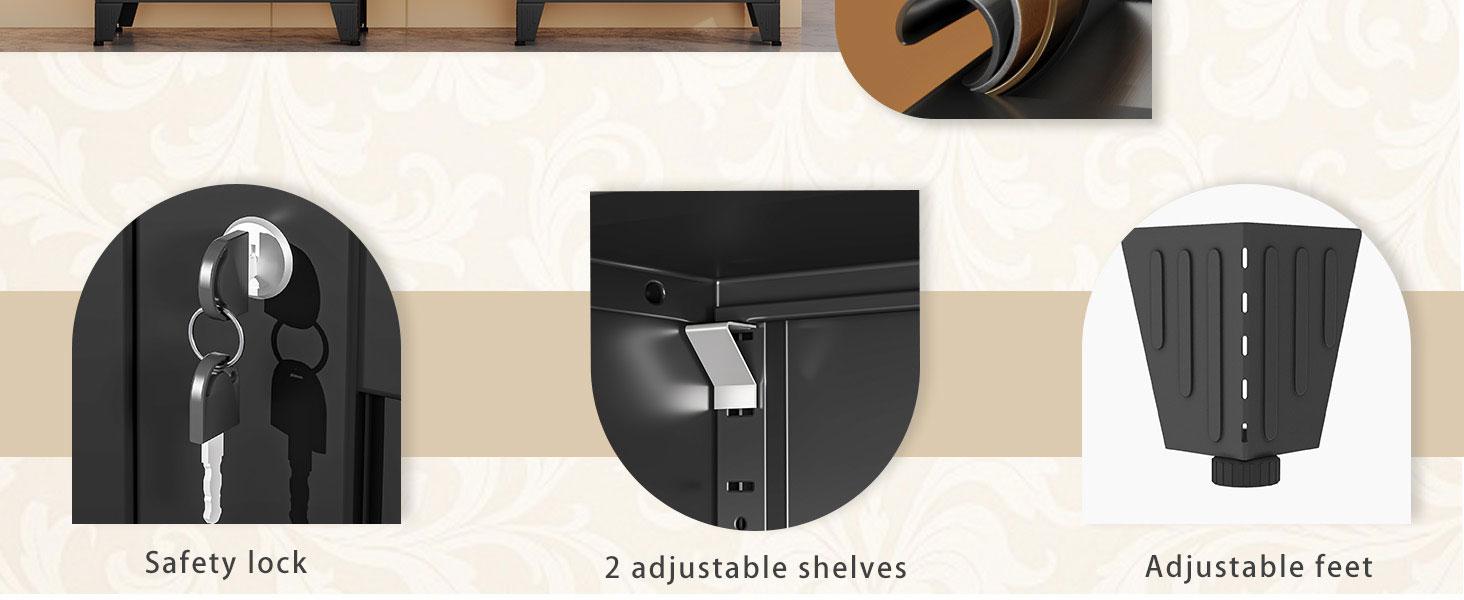 36" Tall Metal Storage Cabinet with Lock – 2 Doors & 2 Adjustable Shelves – Black Freestanding Unit for Home, Office or Garage Dresser Charging Lighted LED