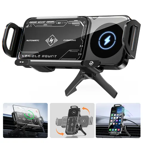 BiLOLLY Adaptive Wireless Charging Car Phone Holder - Automotive Car Gadgets, 15W Output, 90° Adjustable Rotating, Plastic/Metal Air Vent Hook Clip, 1-Button Release, Universal Fit for Folding Screen Mobile Phones & Wireless Smartphones