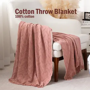 Kasentex 100% Cotton Knitted Throw Blanket, Soft Lightweight Breathable Blanket - Perfect for All Seasons, Great Blanket for Layering for Couch, Home Bedroom Decor, Patio Furniture, Travel, Camping