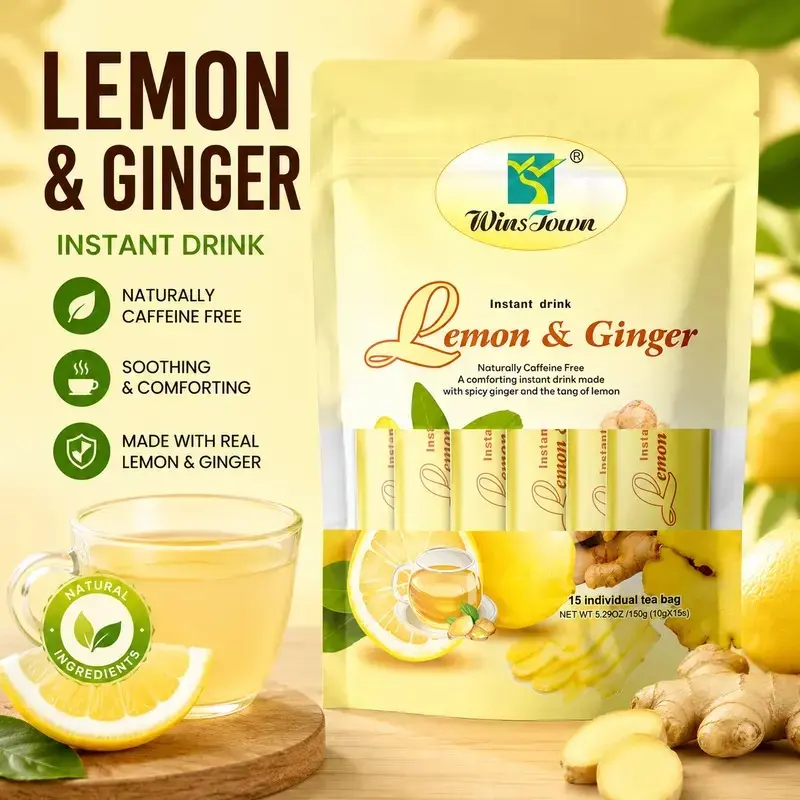 WinsTown Caffeine-Free Lemon & Ginger Loaded Tea, 15 Individual Pouches/Instant Sachets, 5.29 oz (150g) Natural Powder Tea Beverages for Hot or Iced Drinks