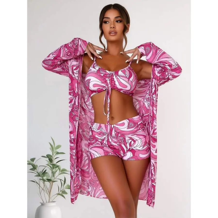 Girls' 3-Piece Quick Dry Stretchable Swimming Swimsuit Set - Long Sleeve Tropical Rash Guard, Adjustable Mid Waist Shorts, Cold Shoulder Bikini, UPF 50+ Chlorine-Resistant Bathing Suit for Beach, Sizes 2T-8, Activewear, Female, Water Sports, Elastane