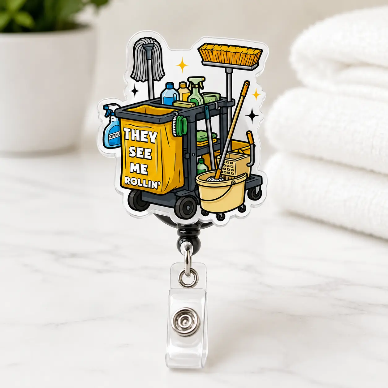 Badge Reel They See Me Rollin Custodian Retractable ID Badge Holder Featuring a Funny Cleaning Cart Design for Janitors Housekeepers EVS Workers and Maintenance Staff