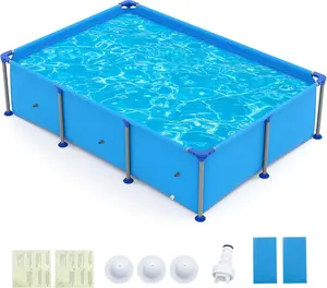 COSTWAY Above Ground Swimming Pool, Metal Frame Family Pool Set w/PVC Fabric, 3 Stoppers, Drainage Valve Connector, for Outdoor, Backyard, Garden, Patio (Round/Rectangle, Blue/Grey)