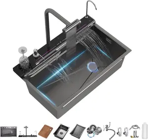 BRONSTARZ 29.5*18 Inch Kitchen Sink 304 Stainless Steel Honeycomb Single Bowl Kitchen Sinks，Digital Display Double Waterfall Sink，With Pull-out Swivel Faucet，With Pressurized Cup Washer