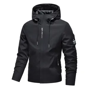 Men's Autumn & Winter Simple Hooded Workwear Jacket, Casual Athletic Jacket, Loose Solid Black Polyester Workout Running Clothes