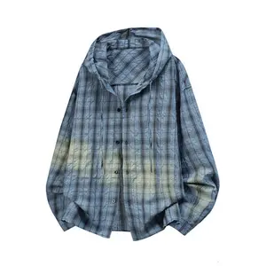 Men’s hooded plaid long-sleeve shirt — unisex loose-fit design, versatile for spring and autumn, can also be worn as a sun-protective jacket