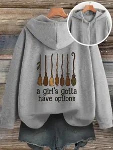Magic Witch Broom Letter Print Hoodie, Casual Fitted Summer Sweatshirt, Sweet and Spicy Style, Loose Fit, Cute Design