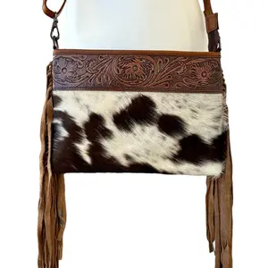 Western cowhide leather crossbody purse with fringes
