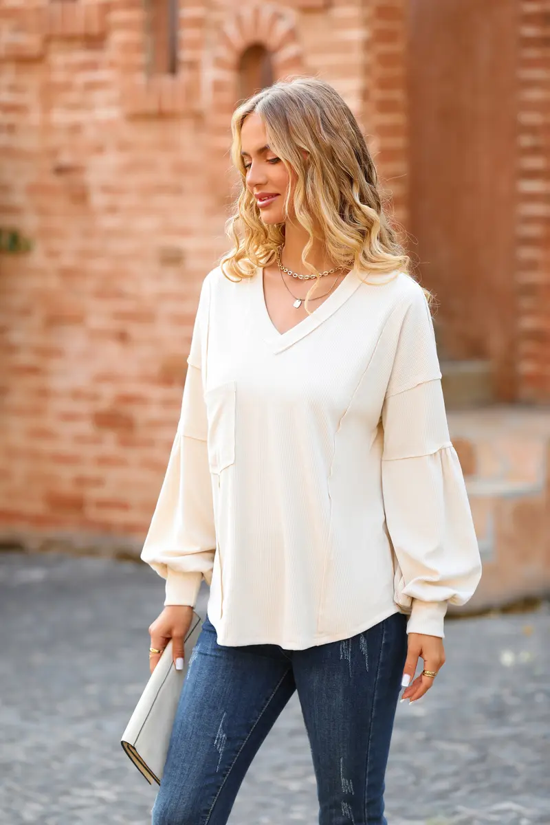 Product Introduction of BTFBM Women's Casual Basic V-Neck Ribbed Knitted Shirts Pullover Tunic Tops Loose Balloon Sleeve Blouses Top 3