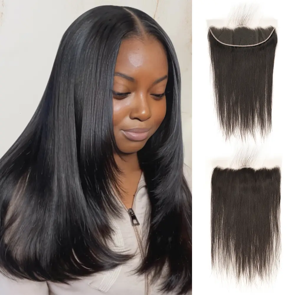 RAGMZZE 12A Brazilian Virgin Human Hair Glueless Lace Frontal, 13x4 Free Part Invisible Pre-Plucked Straight Closure, 100% Real Natural Black Hair (14-22 in), 13X4 Size, Weddings, Lace Front Closure, Virgin Hair