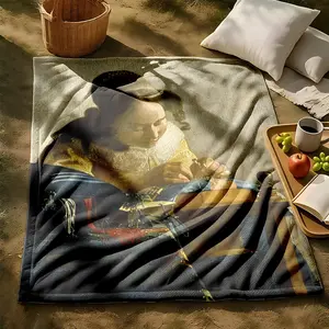 1 piece Vermeer "The Lacemaker" classic oil painting themed flannel blanket - Modern design flannel blanket, suitable for sofas and beds, all-season use, super soft and comfortable, digital printing, 100% polyester material, machine washable