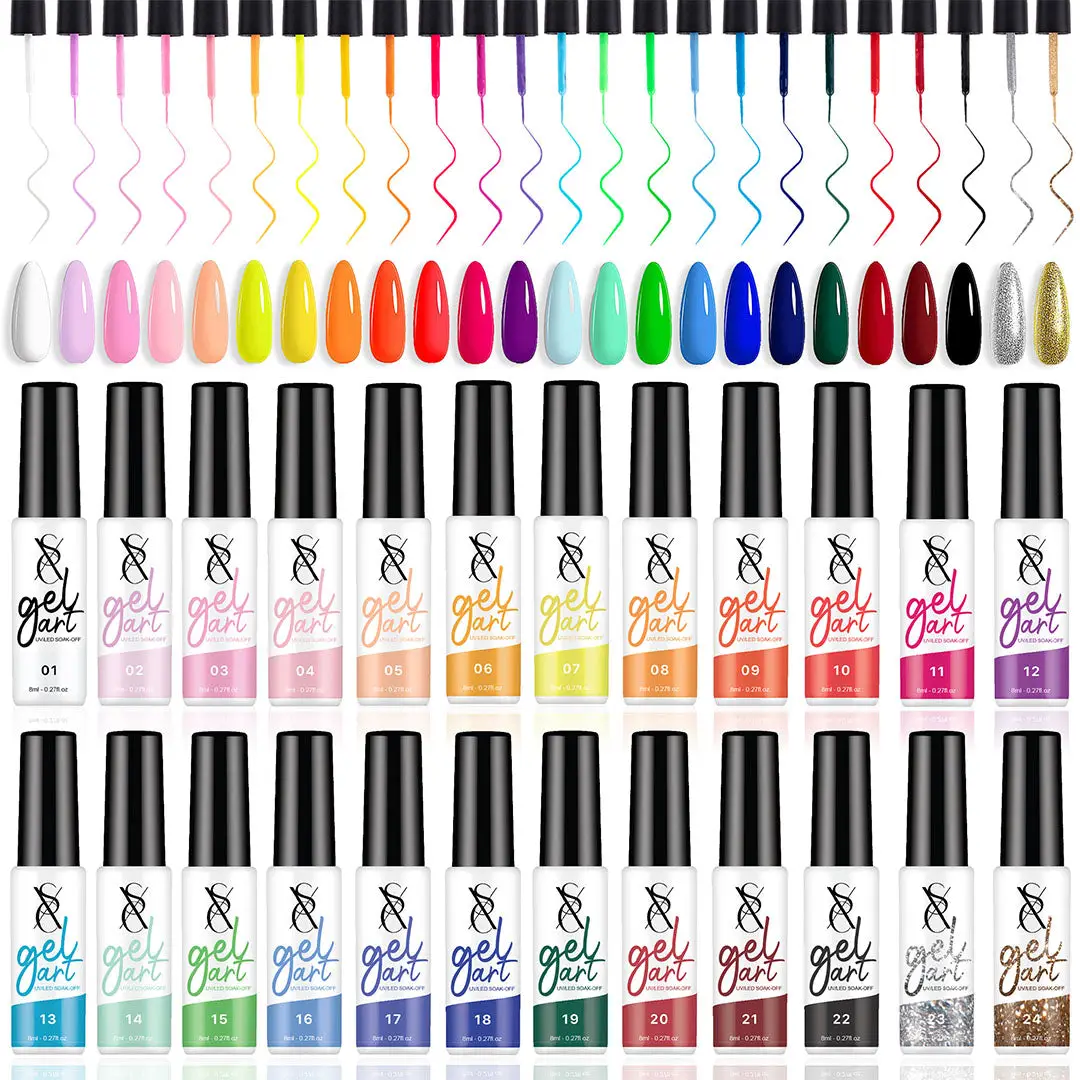 SXC Cosmetics 24 Colors Nail Art Dream Liners Pro Series Gel Manicure Smooth Polish with Fine Thin Liner for Precise Drawing Experience