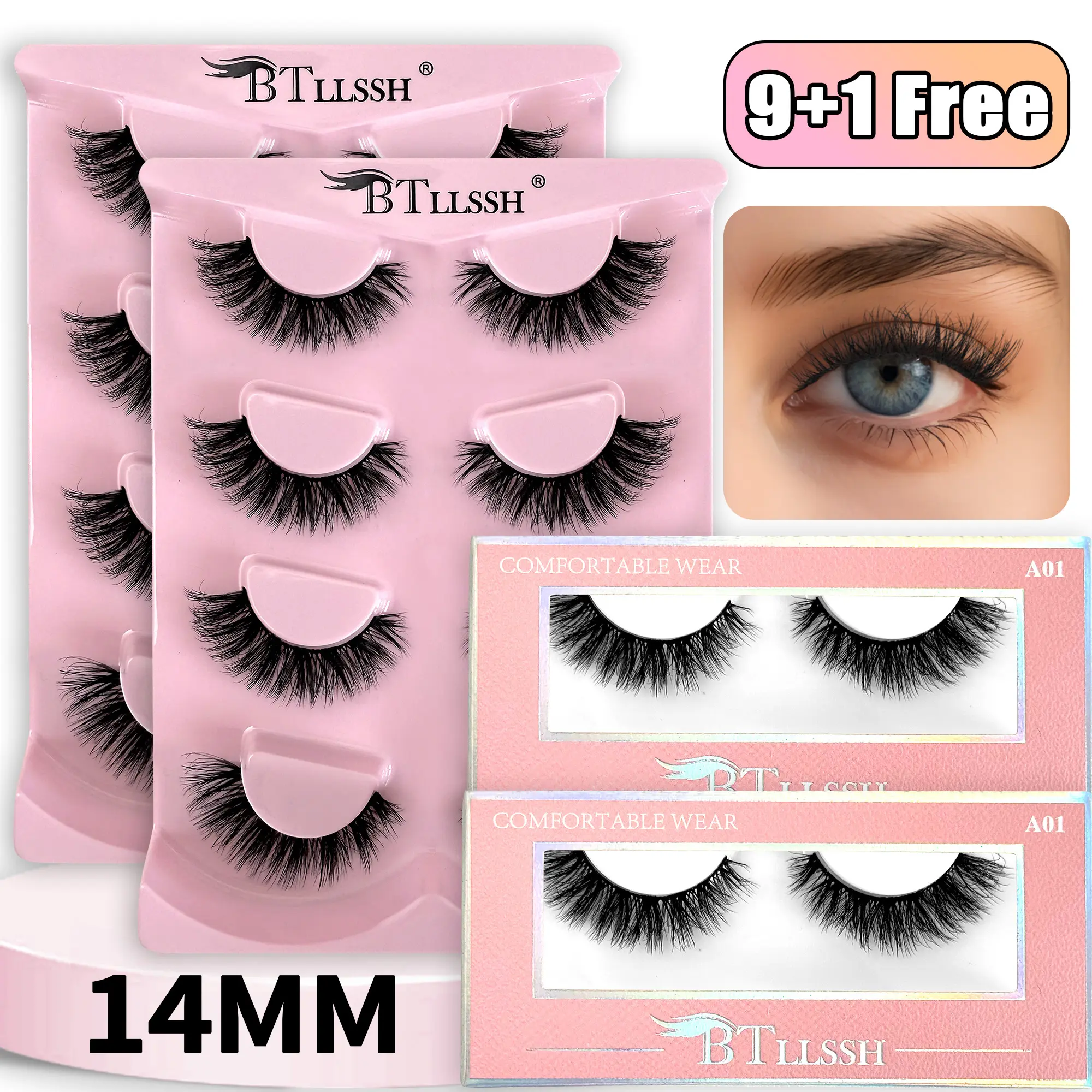 NO.10 BTllssh 14mm 10 Pairs Russian Strip Lashes  CC D Curl Wispy Natural Look  Curly Faux Mink Like Eyelash Extension Cat Eye Fake Tail Elongated Eyelashes Pack Cosmetic Makeup