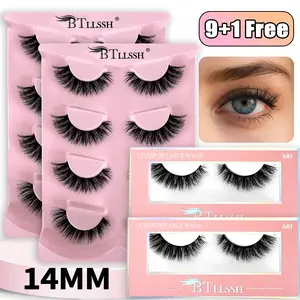 NO.10 BTllssh 14mm 10 Pairs Russian Strip Lashes  CC D Curl Wispy Natural Look  Curly Faux Mink Like Eyelash Extension Cat Eye Fake Tail Elongated Eyelashes Pack Cosmetic Makeup