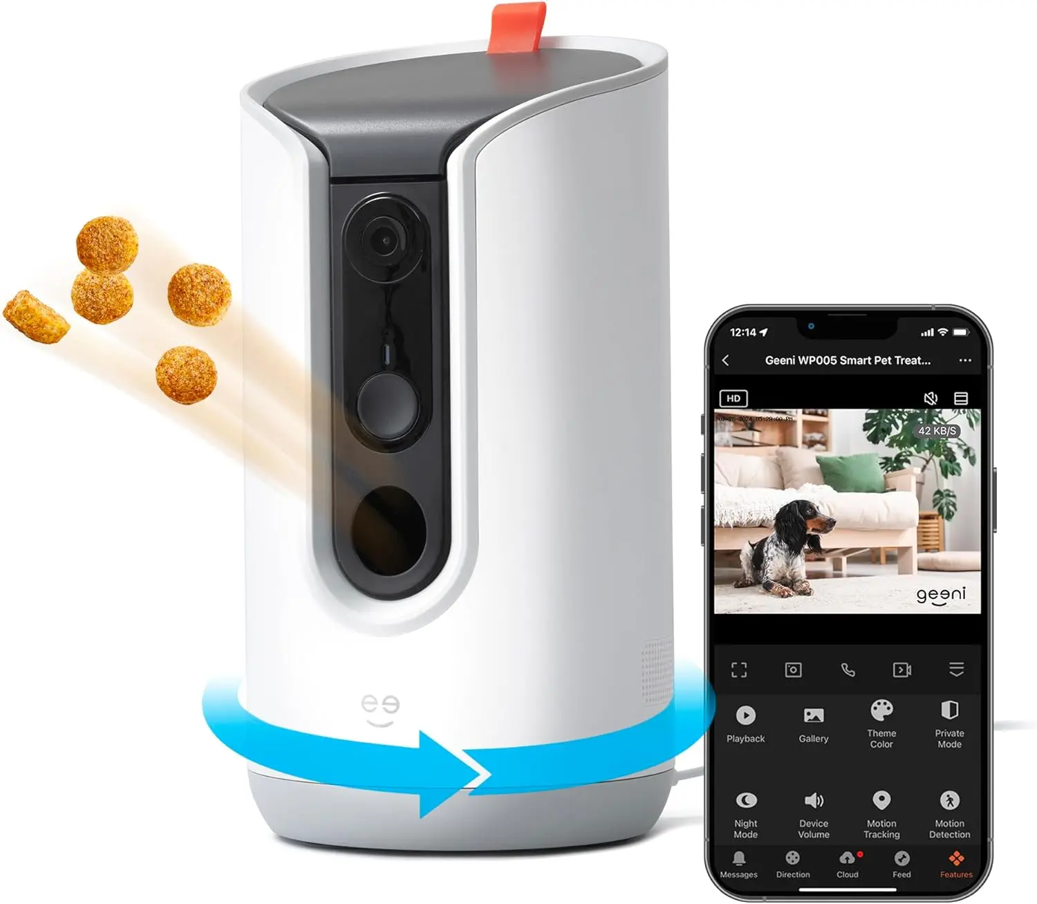 Pet Treat Dispenser with Camera - K HD WiFi Enabled, Dog and Cat Automatic Smart Feeder, Two-Way Audio, Night Vision, Auto-Follow, Remote Access with App, Alexa and Google Compatible, White