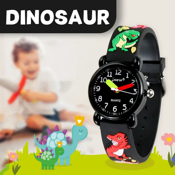 Dinosaur World Cartoon Kids Watch 3ATM Waterproof Eco Friendly Gift for Boys with Fun Dinosaur Designs and Black Band Quartz Movement