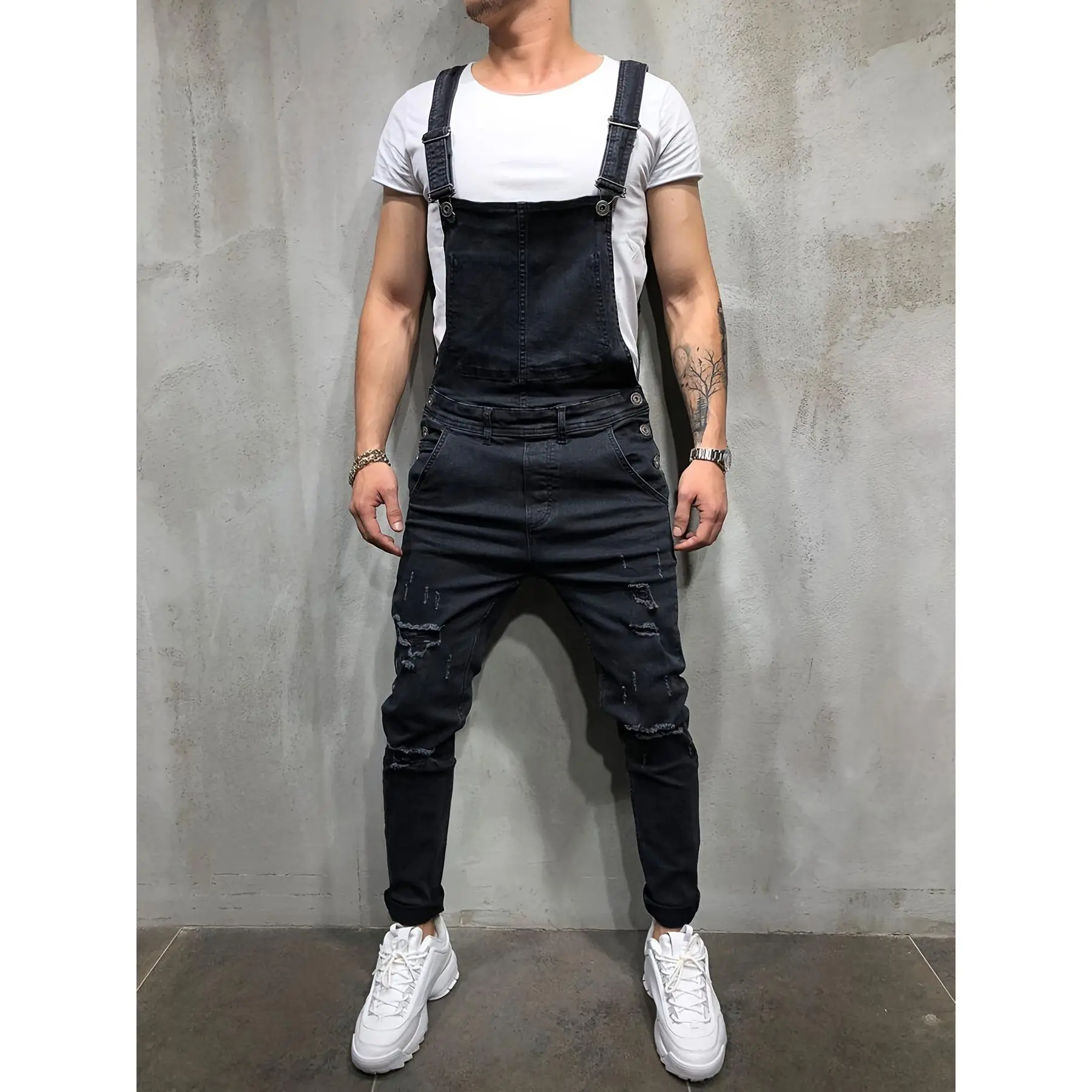 Men's Slim Fit Stretch Denim Overalls with Pockets - Distressed Blue Jean Jumpsuit, Adjustable Straps, All-Season Wear, Machine Washable, Everyday Blue Jeans | Classic Button Closure | Durable Fabric