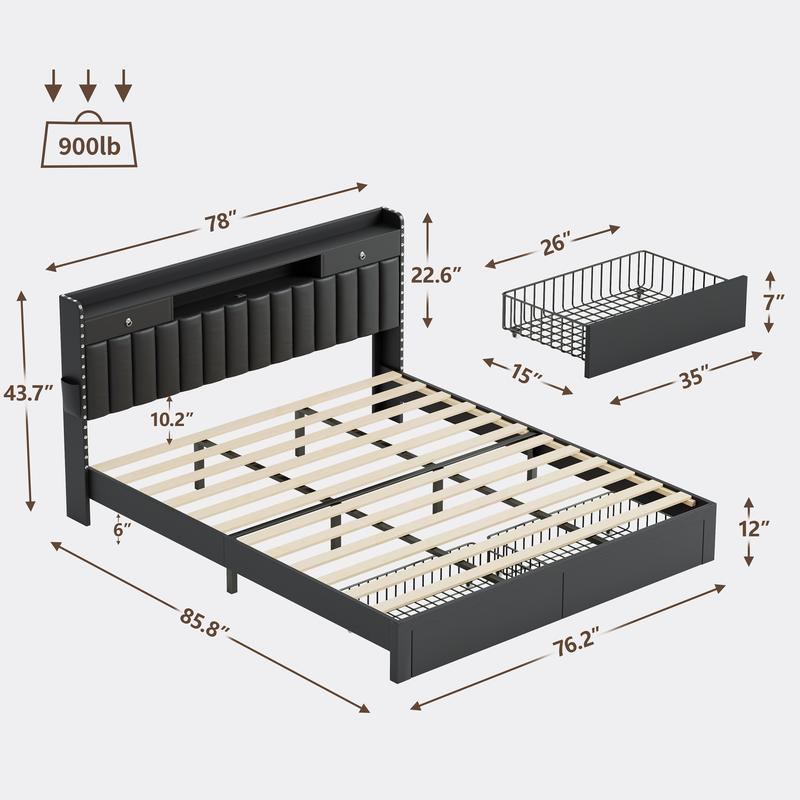 TryLazy Upholstered Flatform Bed Frame with 4 Storage Drawers No MATTRESS Queen Size Wood Slats Holds 900lbs No Noise No Box Spring Needed Full King Twin White Rivet Design USB Socket
