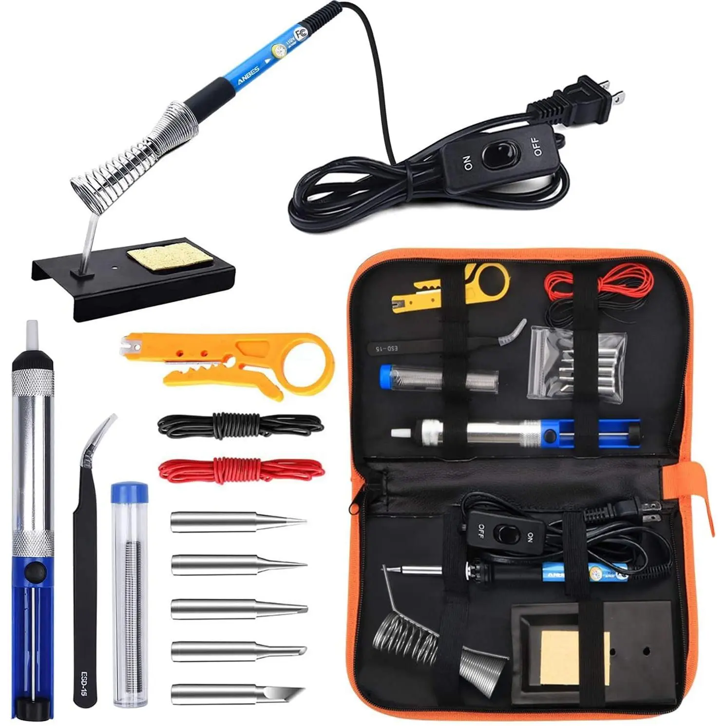 Soldering Iron Kit Electronics, 60W Adjustable Temperature Welding Tool, 5pcs Soldering Tips, Desoldering Pump, Soldering Iron Stand, Tweezers