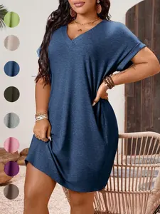 Plus Size Women's Loose T-Shirt Dress, V Neck Batwing Sleeve, Comfortable Casual Summer, Daily Commute, Home Leisure, Vacation, Womenswear
