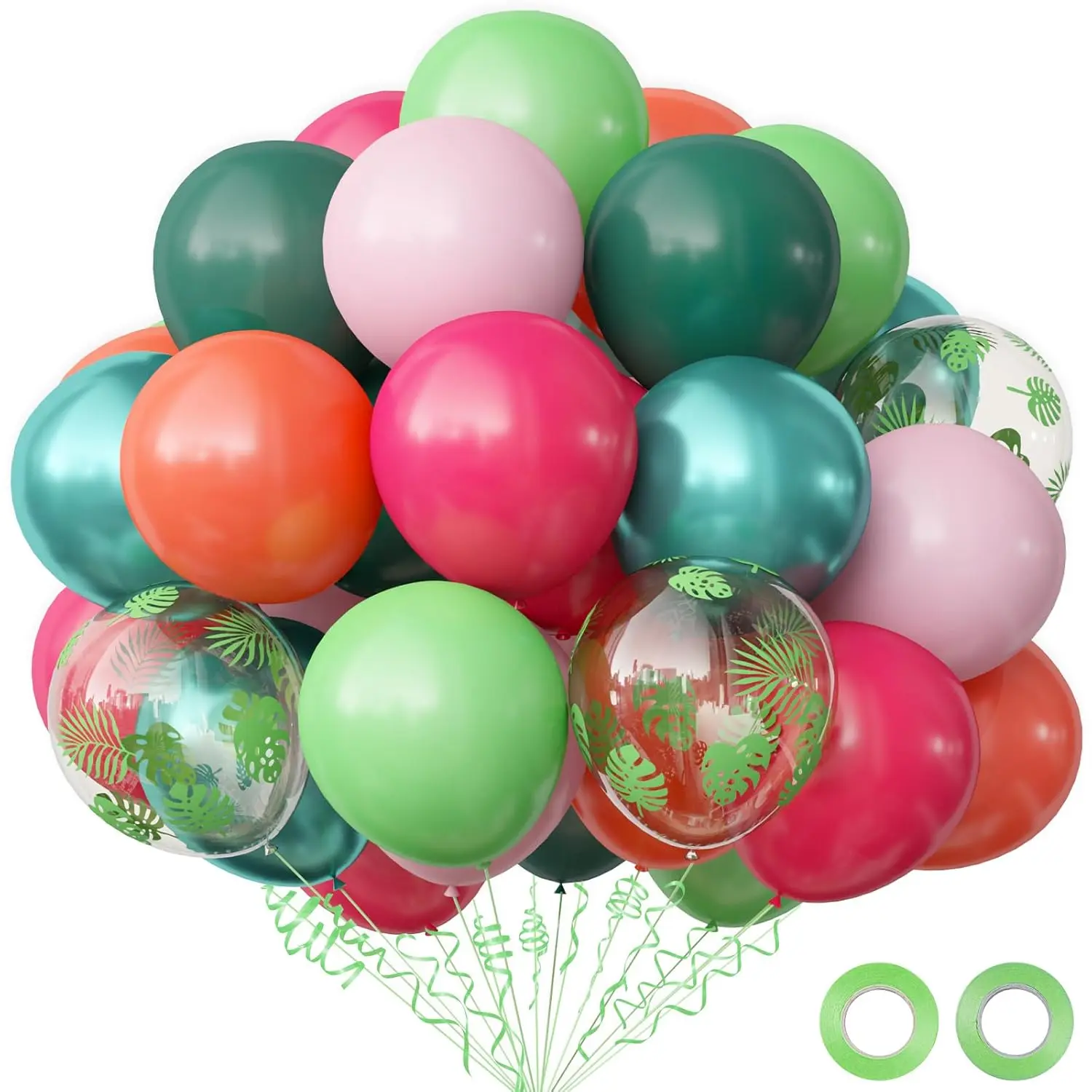 Hawaiian Luau Party Decorations, Tropical Party Balloons, 68Pcs Pink Green Rose Gold Palm Leaves Balloons For Summer Aloha Moana Flamingo Birthday Baby Shower Party Supplies, 12 Inch