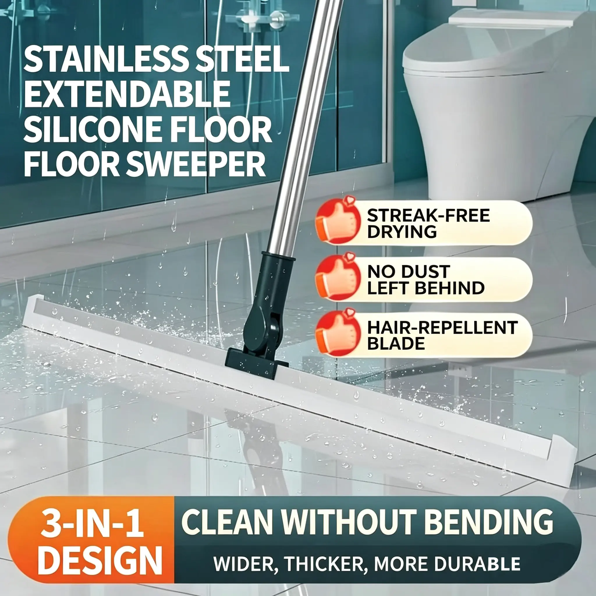 3-in-1 Magic Broom with Scraper and Rubber Broom-180°Rotating Silicone Head, ,Squeegee Broom For Floor,Retractable Metal Handle,squeegee,duster Removal Clean