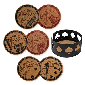 Mango Steam Set of Six Tabletop Poker Card Cork Coasters with Decorative Cork Holder Round Tableware Metal