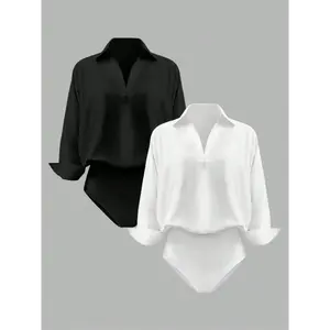 Women's 2-Piece Woven Jumpsuit, Casual Loose V-Neck Long Sleeve Shirt Set, Stylish Elegant & Versatile for Layering or Standalone Wear #WovenJumpsuit #CasualElegantOutfit #SpringLayeringWear2026