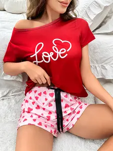 Women's Red Heart-Print Pajama Set - Loose Fit, Breathable Cotton Top & Fluffy Shorts - Romantic LoveWear, Cute Loungewear for Sweet Girl at Home Outfit