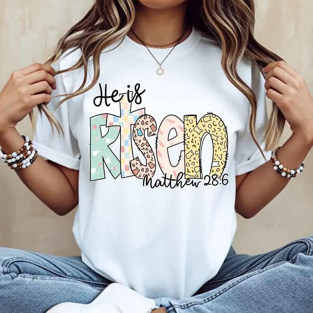 Women Casual T-Shirt White He Is Risen Matthew 28 6 Christian Religious Easter Spring Summer Outfit,Streetwear Tee