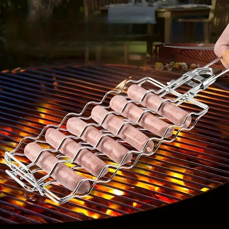 Metal Grid BBQ Sausage Grill Basket, Perfect for Home Camping Picnic, Even Cooking Sausages Vegetables, Durable Easy Clean Barbecue Accessories, Grilling Accessories