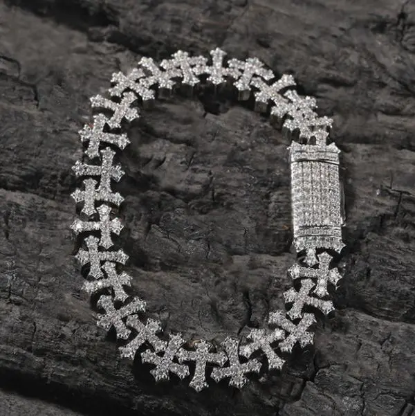 QUEENDO Iced Cross Link Bracelet - Full Paved Shiny Stone Cross Shape Link Chain with Box Clasp, Adjustable Size Daily Wear Costume Jewelry Gift for Hip Hop Outfits, All Seasons