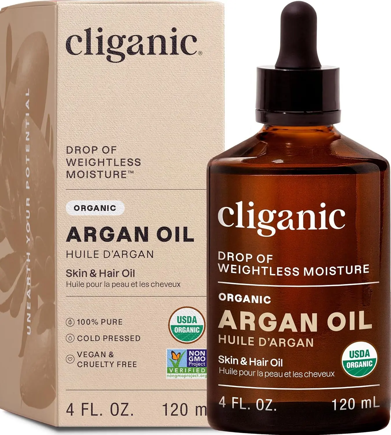 Cliganic Organic Argan Oil, 100% Pure - for Hair, Face & Skin | Cold Pressed Carrier Oil