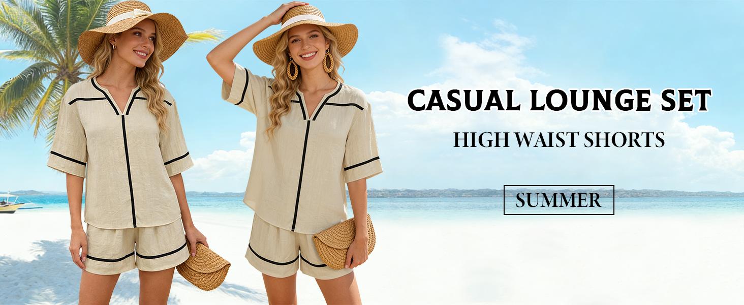 ETCYY Womens 2 piece sets Summer Lounge Set - Casual Linen Blend Short Sleeve V Neck Shirt & High Waisted Shorts Outfit - Breathable Soft Vacation Beachwear Tracksuit,matching sets for women, ETCYY Womens 2 piece sets Summer Lounge Set - Casual Linen Blend Short Sleeve V Neck Shirt & High Waisted Shorts Outfit - Breathable Soft Vacation Beachwear Tracksuit,matching sets for women,