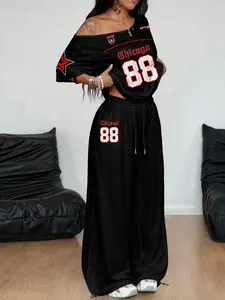 2 Piece Set Slanted Shoulder Chicago 88 Loose T-Shirt and Casual Leggings Streetwear, American Vintage Sports Style, Comfortable Fit