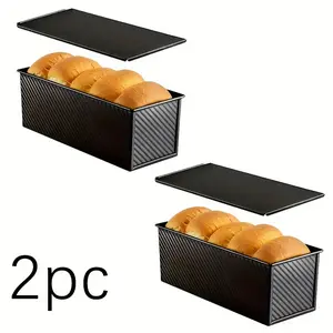 Black Gold 2-Piece Extra-Long Fluted Non-Stick Carbon Steel Bread Tin Set - Baked Loaf & Cake Toast Molds with Baking Lids for Homemade Use
