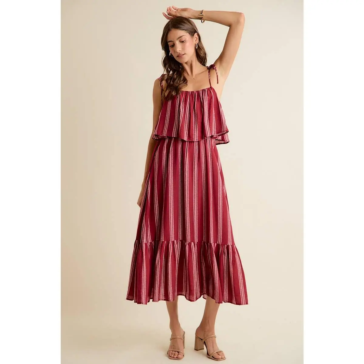 STRIPE TIERED SHOULDER TIE MIDI LINED DRESS