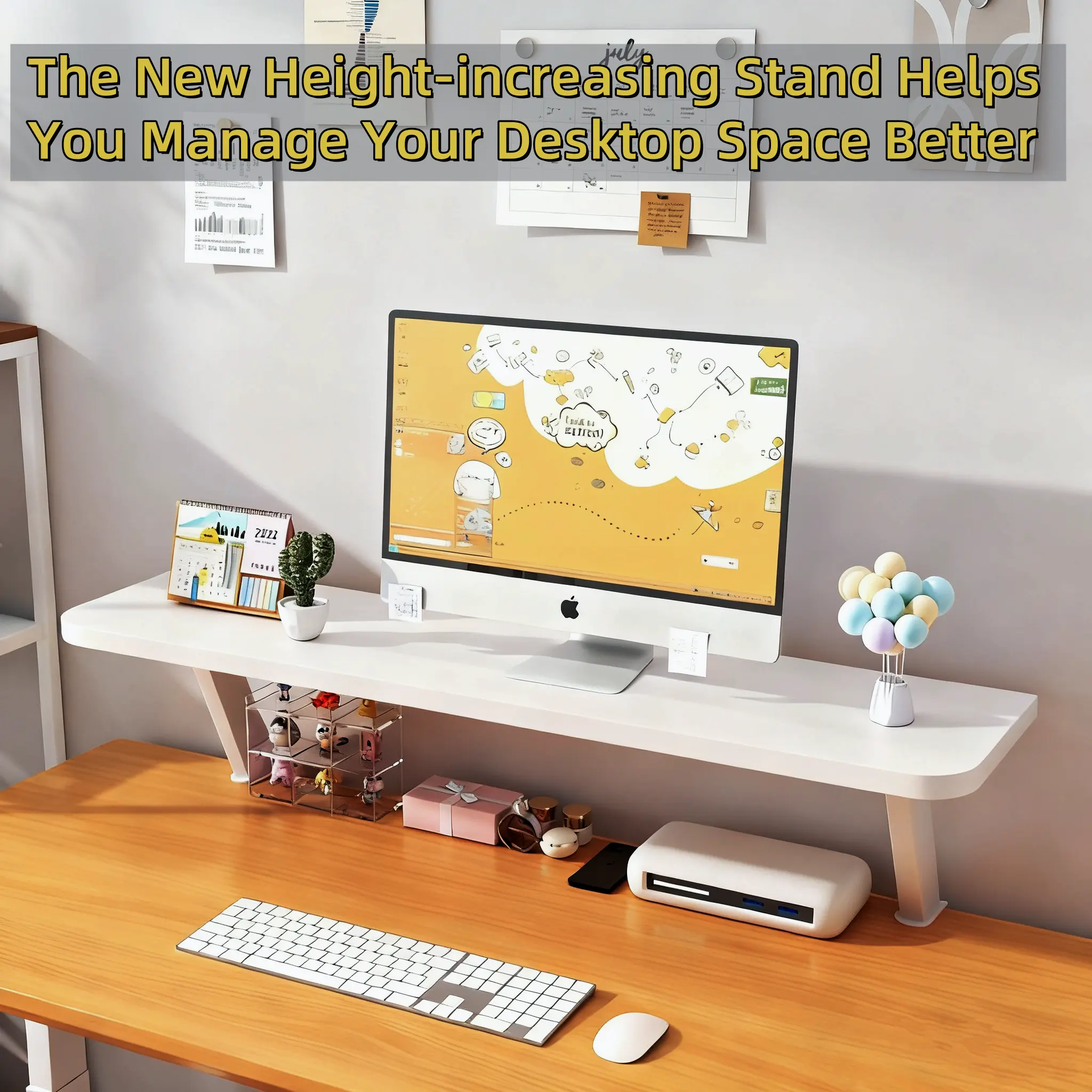 White Wooden Floating Shelves - No-Drilling Table Mount Shelf Organizer, Space Saver, Modern Home Decor for Teenagers, Home Office Desktop Storage