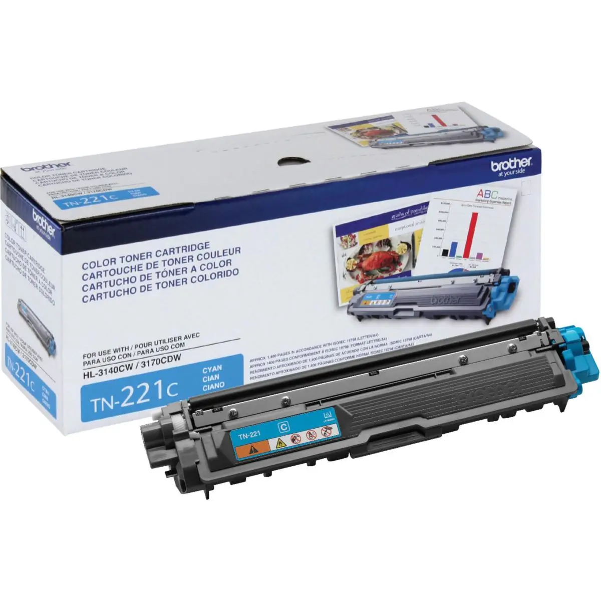 Brother TN221 Standard Yield Cyan Laser Toner Cartridge for HL-3140CW, HL-3170CDW, MFC-9130CW, MFC-9330CDW, MFC-9340CDW Laser Printers, 1400 Page Yield