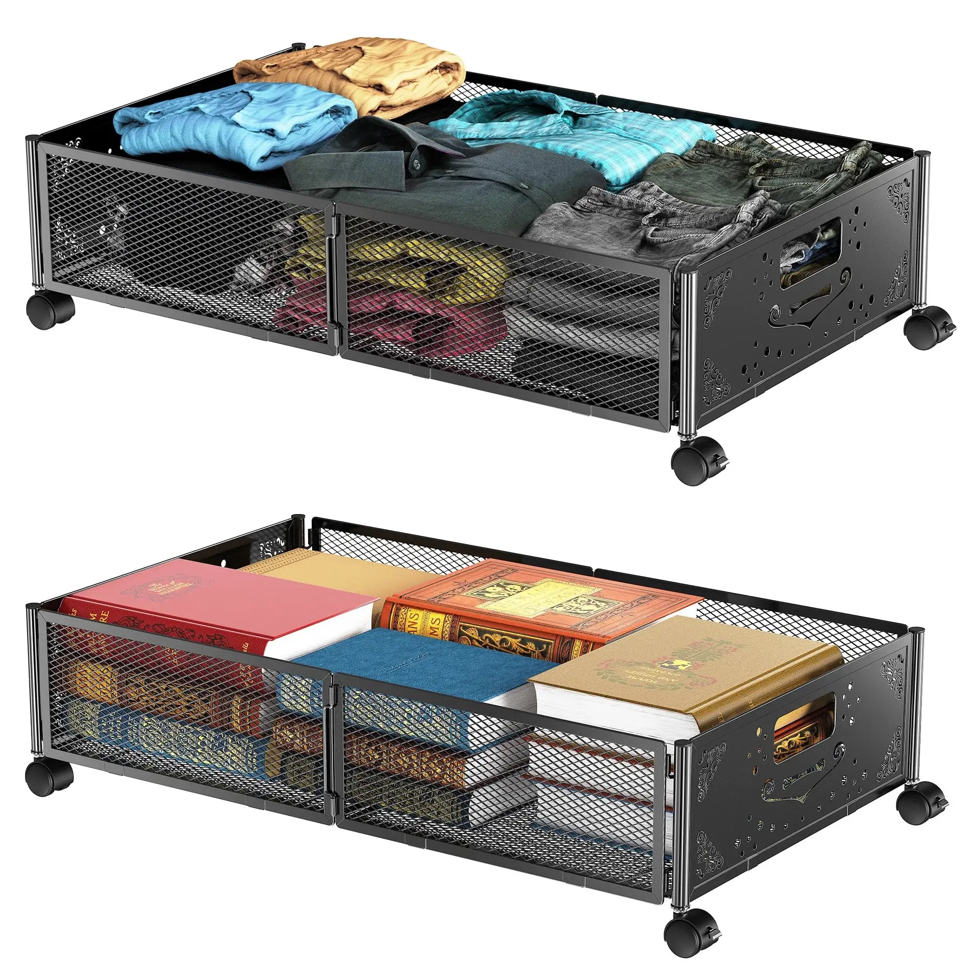SURUIHK 2-Pack Eco-Friendly Black Under Bed Storage Box Set, Traditional Metal Organiser with 360° Rotating Wheels, 6.7 in Height, Tool-Free Assembly, Foldable Secure Clips for Clothes & Shoes