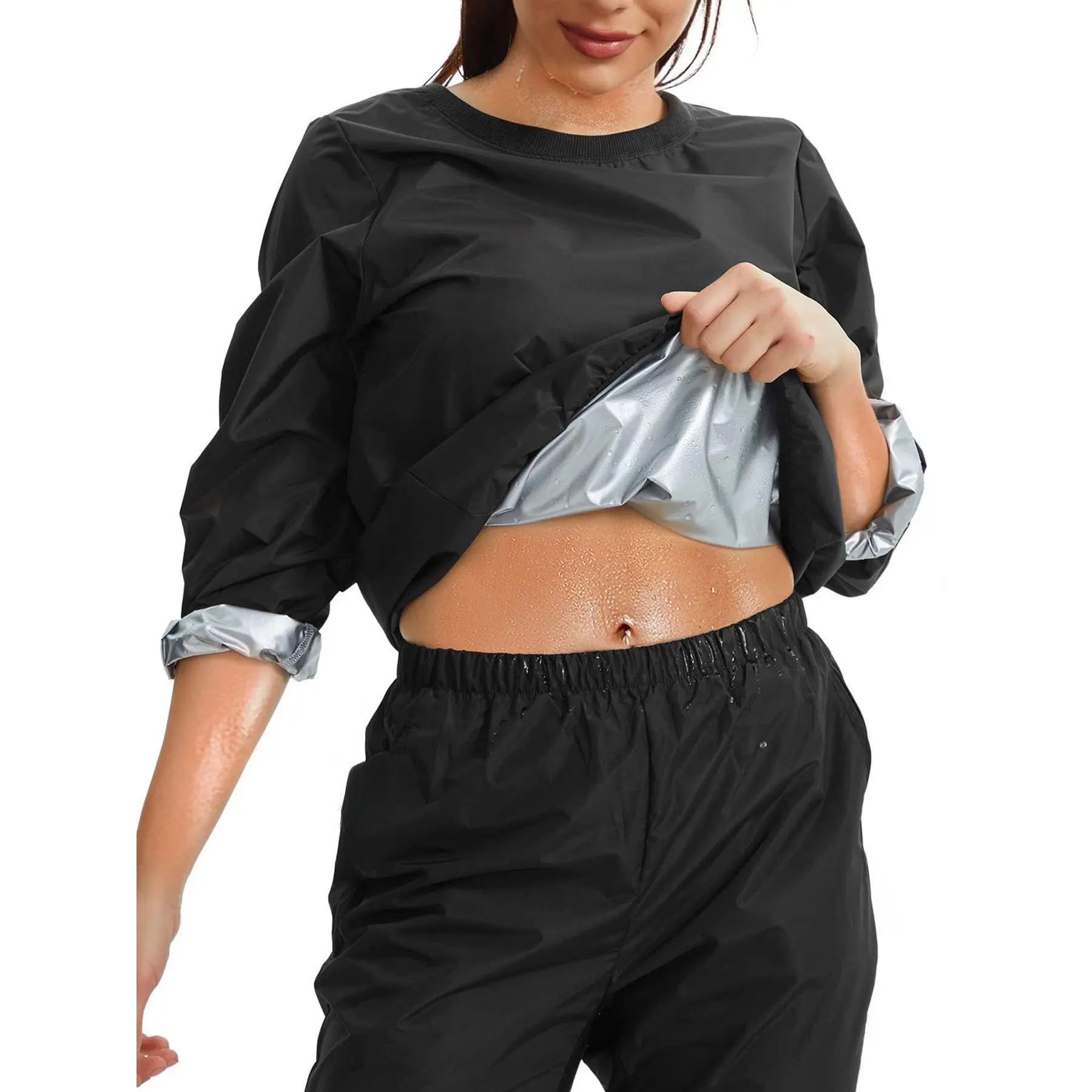 Women's 2-Piece Solid Sporty Chic Waterproof Workout Set - Long Sleeve Round Neck Top, Full Length Pants, All Seasons, S-XXL, for Gym, Running, Hand Wash Only, Professional Sports Clothing, Female, Athletic Outfit, Multi-Size