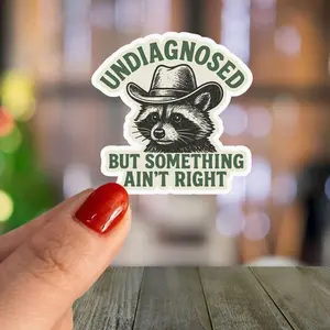 Funny Raccoon Cowboy Vinyl Sticker | Undiagnosed Meme Decal, Laptop Water Bottle Decal