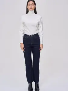 Vintage Dark Indigo High Waist Flare Jeans with Raw Hem