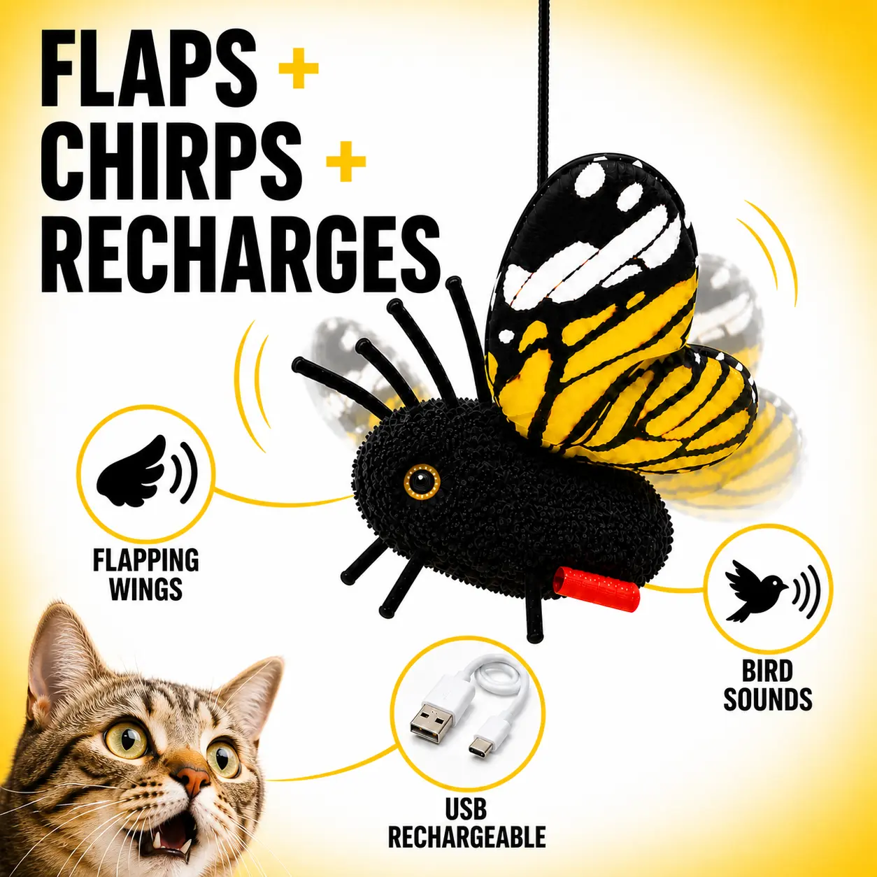 Interactive Electric Butterfly & Bluebird Cat Teaser Toy, 3Smart Flying Modes, USB Rechargeable Hanging Toy withWashable Cover for Indoor Cats, Teaser Toys