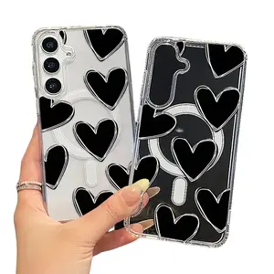 Luxury Love Heart Magnetic Clear Acrylic Phone Case, Anti-Yellow Shockproof Lightweight Large Hole Cover Support Wireless Charging Compatible with iPhone 11-17 Series & Samsung S21-S26