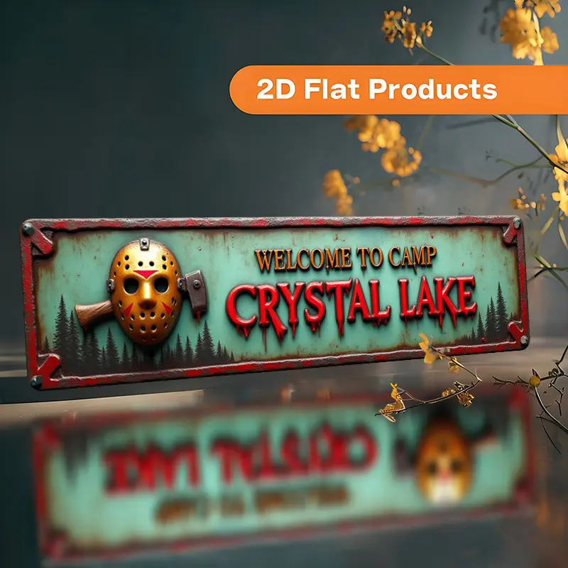 1pc 2D Plane, Retro Crystal Lake Friday the 13th Jason Voorhees Inspired Metal Sign, Vintage Metal Sign - 4x16inch Large Retro Horror Movie Poster Wall Decoration, Suitable for Home, Bar, Office, with Pre-Drilled Holes No Adhesive, Wall Metal Plaque